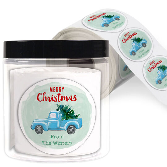Blue Truck Round Holiday Gift Stickers in a Jar